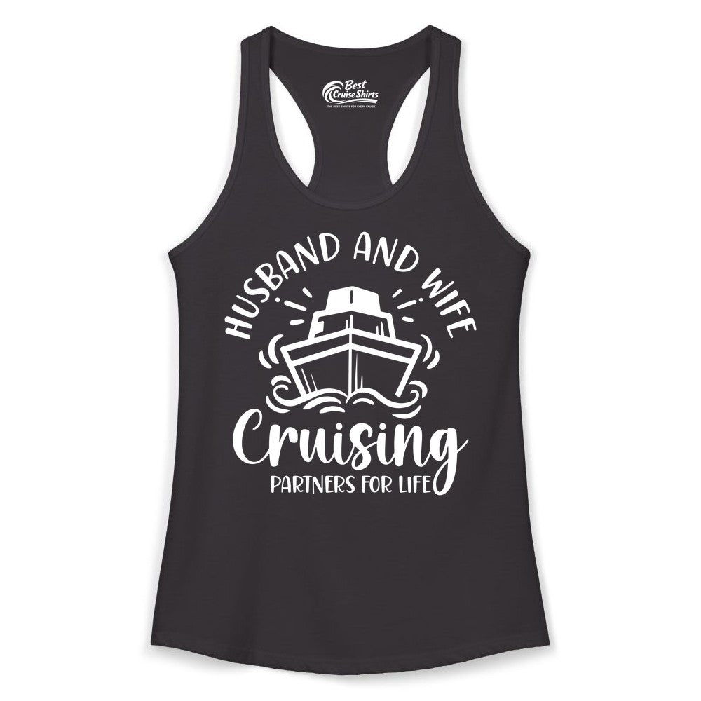 Husband Wife Cruise Shirt - Married Couple Cruising Partners Tee (Ladies Tank) in Black - Husband and Wife Cruising Partners for Life Nautical Couples Shirt
