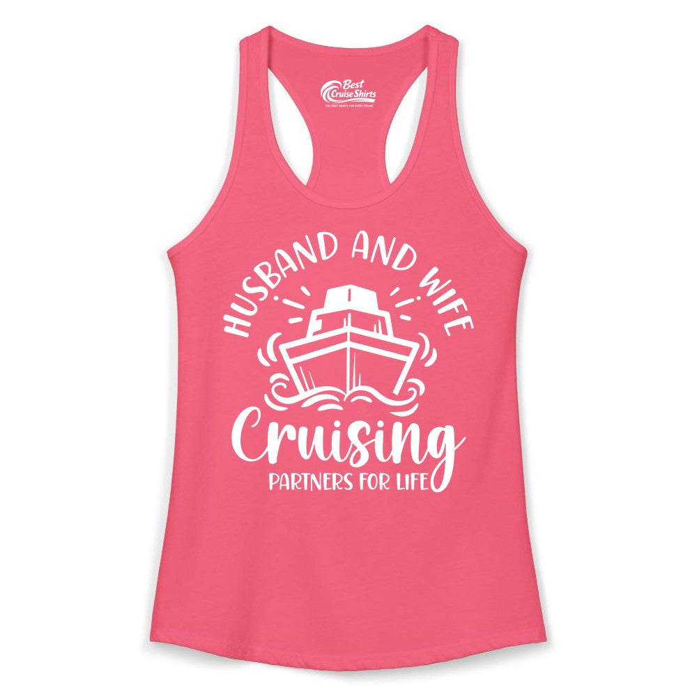 Husband Wife Cruise Shirt - Married Couple Cruising Partners Tee (Ladies Tank) in Hot Pink - Husband and Wife Cruising Partners for Life Nautical Couples Shirt