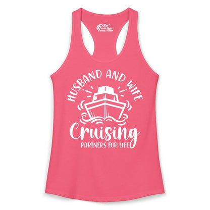 Husband Wife Cruise Shirt - Married Couple Cruising Partners Tee (Ladies Tank) in Hot Pink - Husband and Wife Cruising Partners for Life Nautical Couples Shirt