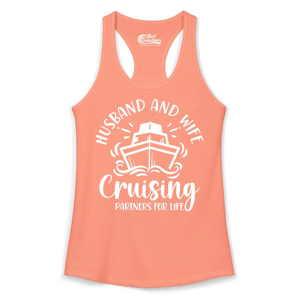 Husband Wife Cruise Shirt - Married Couple Cruising Partners Tee (Ladies Tank) in Solid Light Orange - Husband and Wife Cruising Partners for Life Nautical Couples Shirt