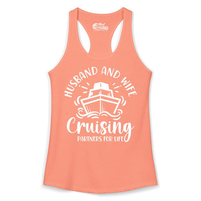 Husband Wife Cruise Shirt - Married Couple Cruising Partners Tee (Ladies Tank) in Solid Light Orange - Husband and Wife Cruising Partners for Life Nautical Couples Shirt