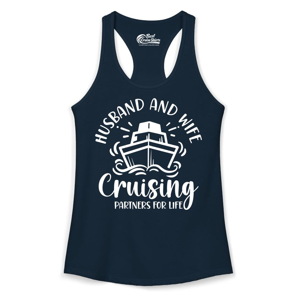 Husband Wife Cruise Shirt - Married Couple Cruising Partners Tee (Ladies Tank) in Solid Midnight Navy - Husband and Wife Cruising Partners for Life Nautical Couples Shirt