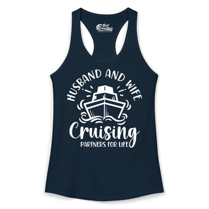 Husband Wife Cruise Shirt - Married Couple Cruising Partners Tee (Ladies Tank) in Solid Midnight Navy - Husband and Wife Cruising Partners for Life Nautical Couples Shirt