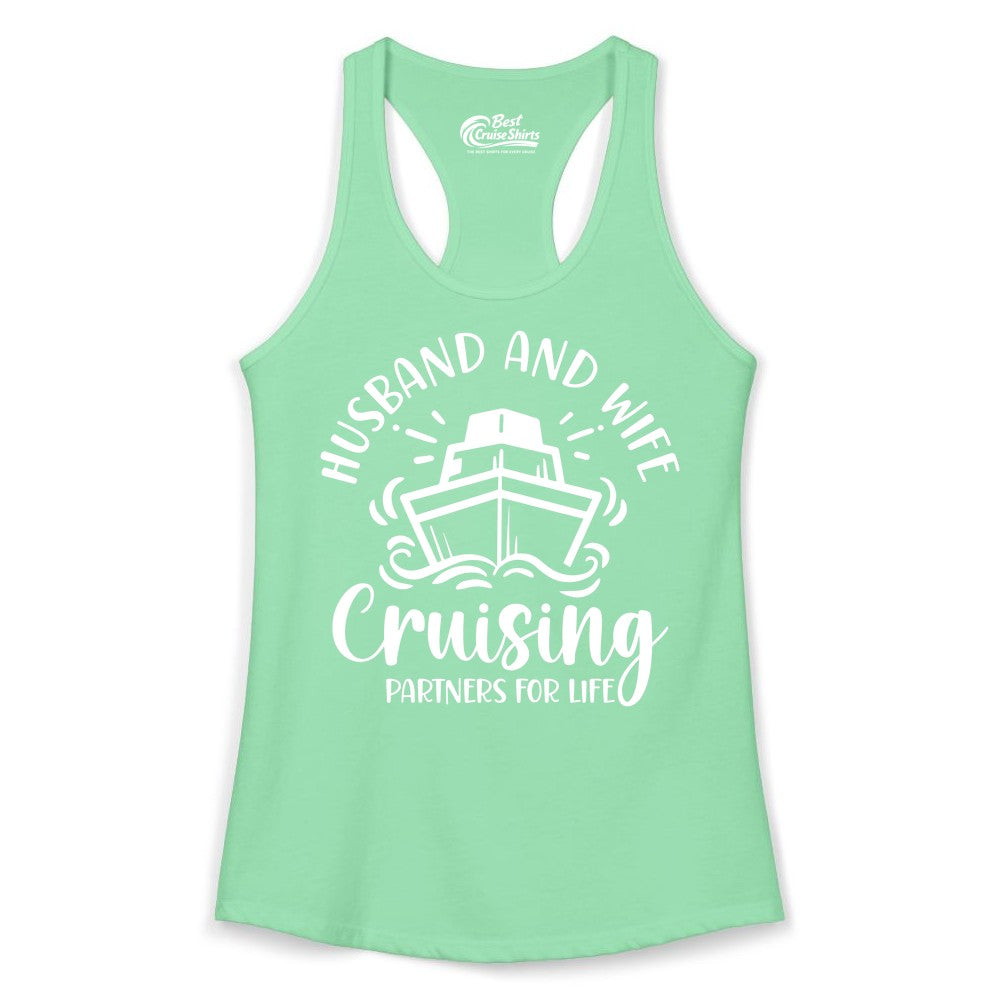 Husband Wife Cruise Shirt - Married Couple Cruising Partners Tee (Ladies Tank) in Solid Mint - Husband and Wife Cruising Partners for Life Nautical Couples Shirt