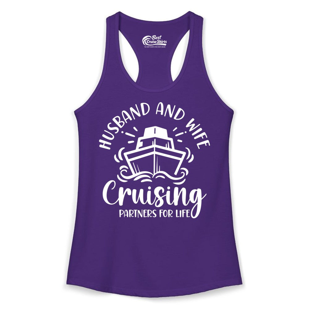 Husband Wife Cruise Shirt - Married Couple Cruising Partners Tee (Ladies Tank) in Solid Purple Rush - Husband and Wife Cruising Partners for Life Nautical Couples Shirt