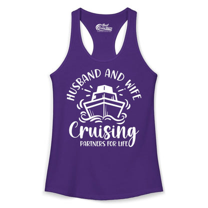 Husband Wife Cruise Shirt - Married Couple Cruising Partners Tee (Ladies Tank) in Solid Purple Rush - Husband and Wife Cruising Partners for Life Nautical Couples Shirt