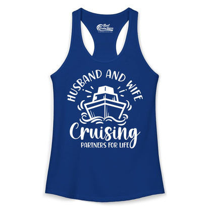 Husband Wife Cruise Shirt - Married Couple Cruising Partners Tee (Ladies Tank) in Solid Royal - Husband and Wife Cruising Partners for Life Nautical Couples Shirt