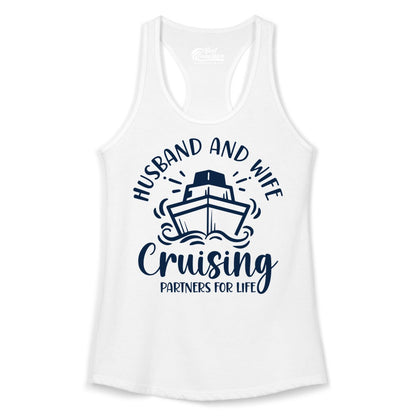 Husband Wife Cruise Shirt - Married Couple Cruising Partners Tee (Ladies Tank) in White - Husband and Wife Cruising Partners for Life Nautical Couples Shirt
