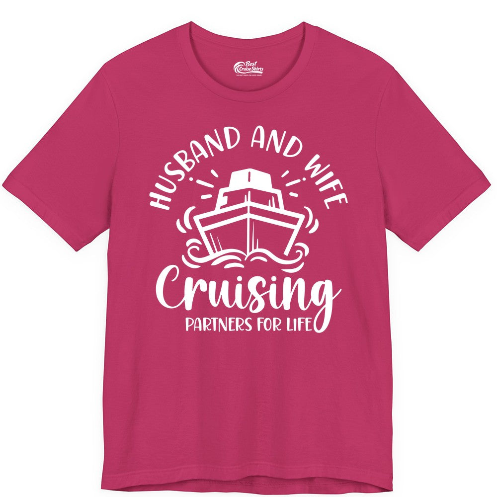 Husband Wife Cruise Shirt - Married Couple Cruising Partners Tee (Premium Tee) in Berry - Husband and Wife Cruising Partners for Life Nautical Couples Shirt