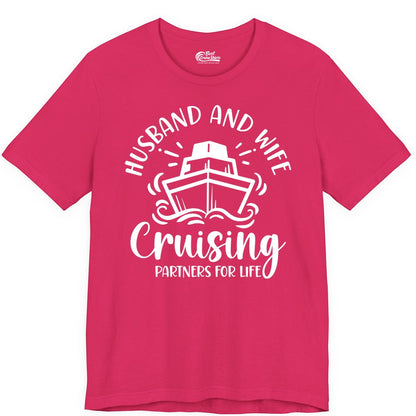 Husband Wife Cruise Shirt - Married Couple Cruising Partners Tee (Premium Tee) in Fuchsia - Husband and Wife Cruising Partners for Life Nautical Couples Shirt
