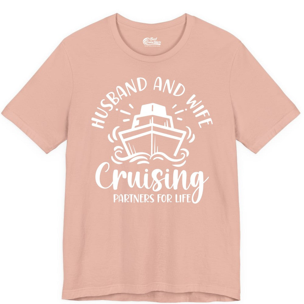 Husband Wife Cruise Shirt - Married Couple Cruising Partners Tee (Premium Tee) in Peach - Husband and Wife Cruising Partners for Life Nautical Couples Shirt
