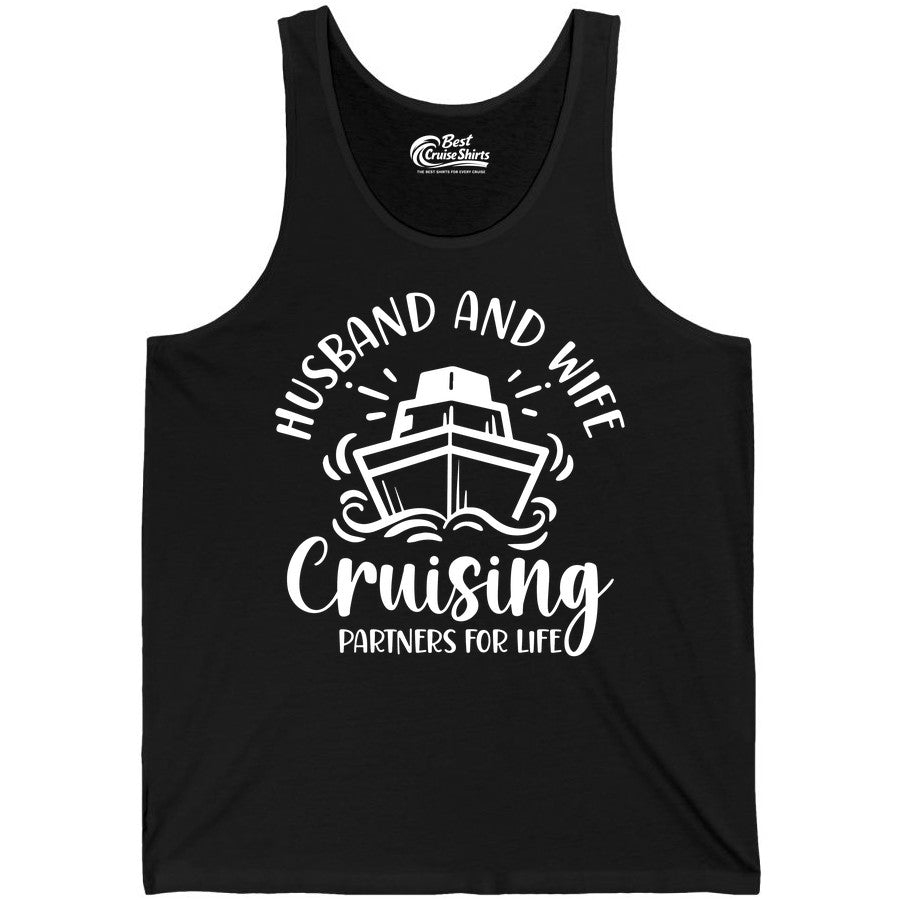 Husband Wife Cruise Shirt - Married Couple Cruising Partners Tee (Tank Top) in Black - Husband and Wife Cruising Partners for Life Nautical Couples Shirt