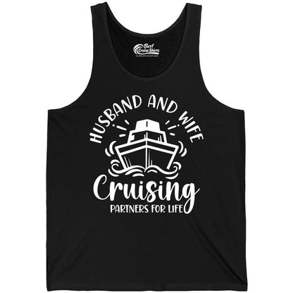 Husband Wife Cruise Shirt - Married Couple Cruising Partners Tee (Tank Top) in Black - Husband and Wife Cruising Partners for Life Nautical Couples Shirt