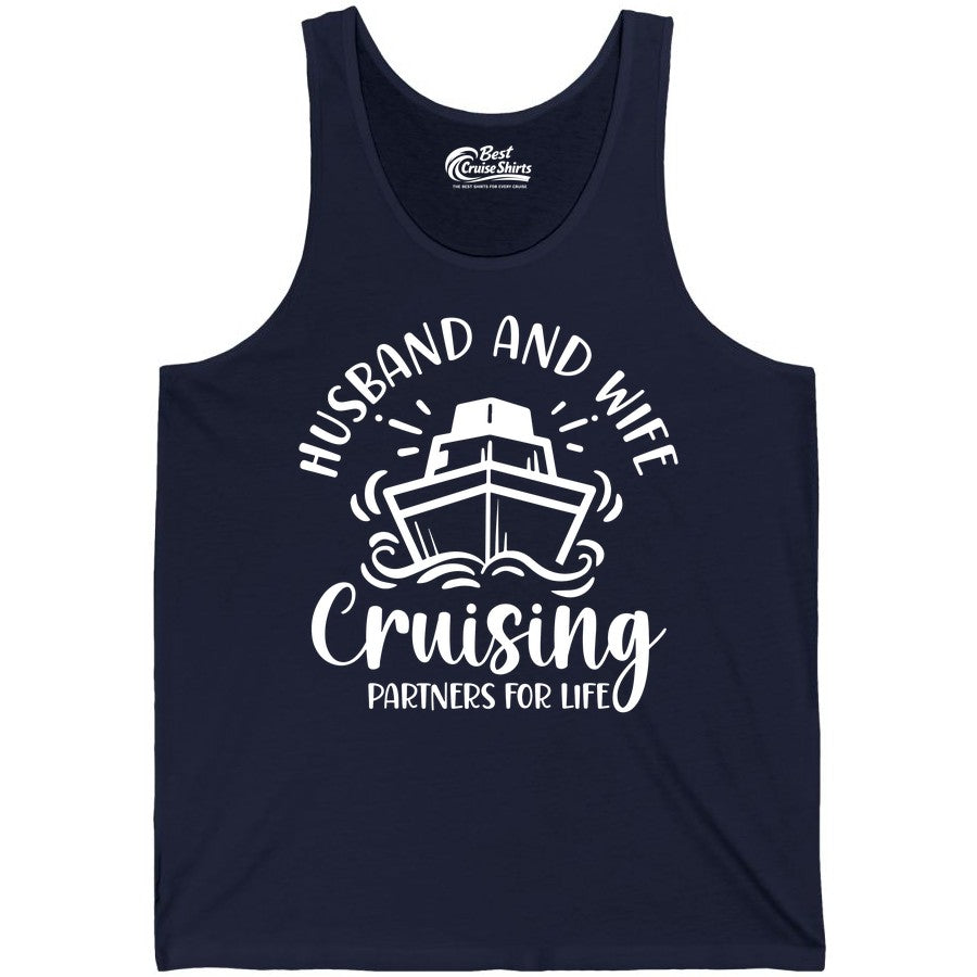 Husband Wife Cruise Shirt - Married Couple Cruising Partners Tee (Tank Top) in Navy - Husband and Wife Cruising Partners for Life Nautical Couples Shirt