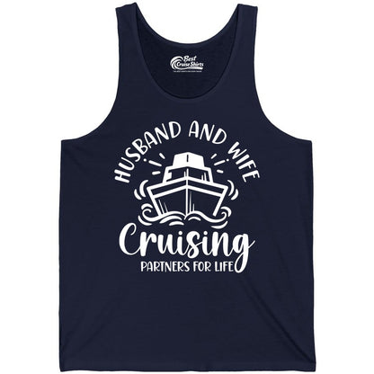 Husband Wife Cruise Shirt - Married Couple Cruising Partners Tee (Tank Top) in Navy - Husband and Wife Cruising Partners for Life Nautical Couples Shirt