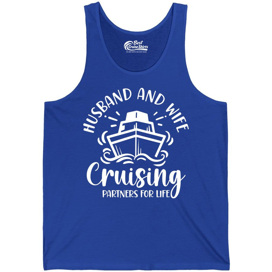 Husband Wife Cruise Shirt - Married Couple Cruising Partners Tee (Tank Top) in True Royal - Husband and Wife Cruising Partners for Life Nautical Couples Shirt