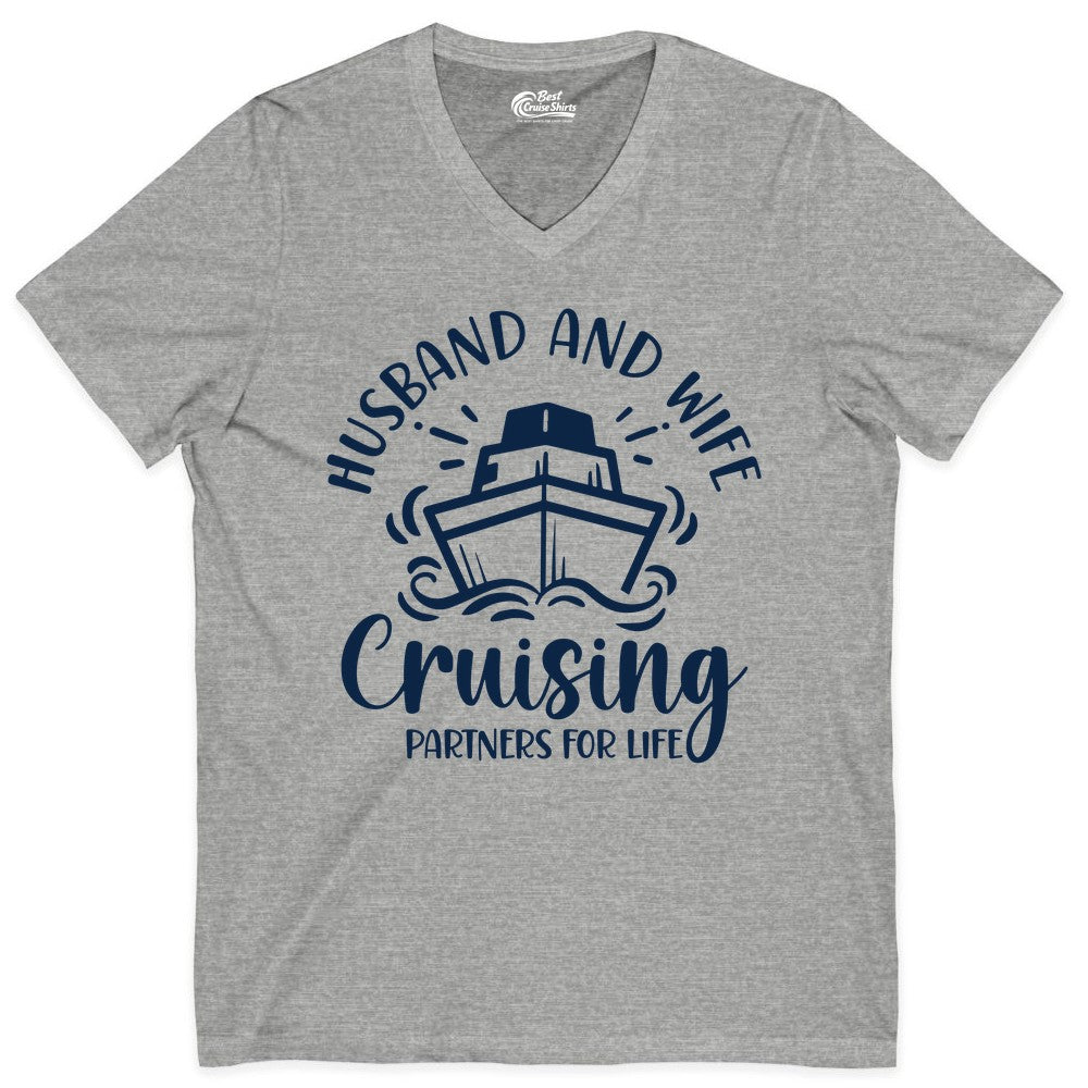 Husband Wife Cruise Shirt - Married Couple Cruising Partners Tee (V-Neck) in Athletic Heather - Husband and Wife Cruising Partners for Life Nautical Couples Shirt