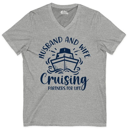 Husband Wife Cruise Shirt - Married Couple Cruising Partners Tee (V-Neck) in Athletic Heather - Husband and Wife Cruising Partners for Life Nautical Couples Shirt