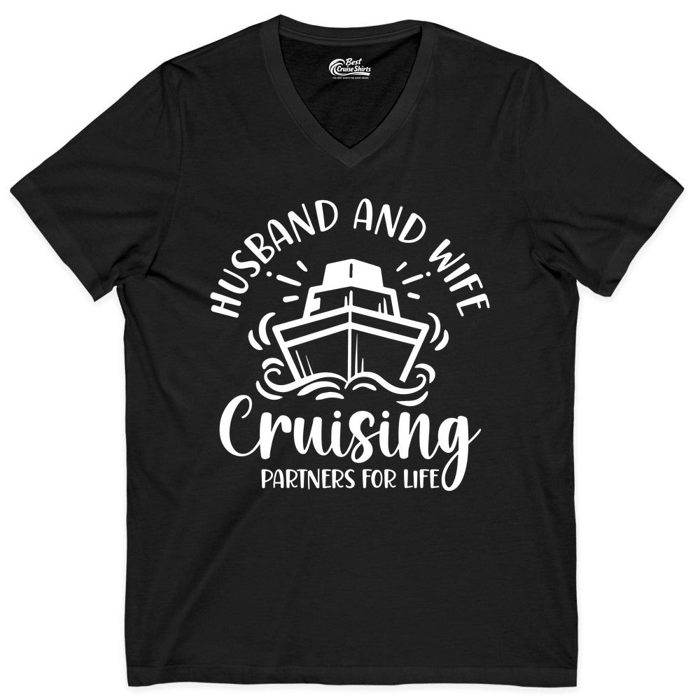 Husband Wife Cruise Shirt - Married Couple Cruising Partners Tee (V-Neck) in Black - Husband and Wife Cruising Partners for Life Nautical Couples Shirt