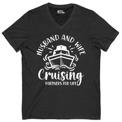 Husband Wife Cruise Shirt - Married Couple Cruising Partners Tee (V-Neck) in Dark Grey Heather - Husband and Wife Cruising Partners for Life Nautical Couples Shirt