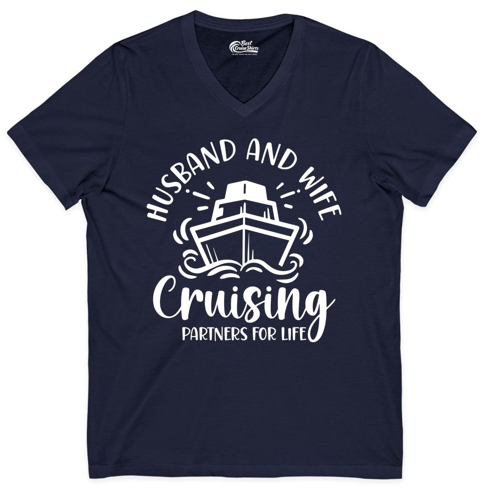 Husband Wife Cruise Shirt - Married Couple Cruising Partners Tee (V-Neck) in Navy - Husband and Wife Cruising Partners for Life Nautical Couples Shirt