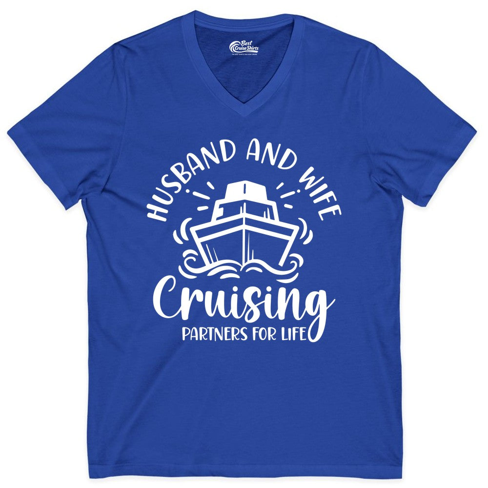 Husband Wife Cruise Shirt - Married Couple Cruising Partners Tee (V-Neck) in True Royal - Husband and Wife Cruising Partners for Life Nautical Couples Shirt