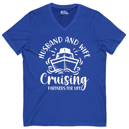 Husband Wife Cruise Shirt - Married Couple Cruising Partners Tee (V-Neck) in True Royal - Husband and Wife Cruising Partners for Life Nautical Couples Shirt