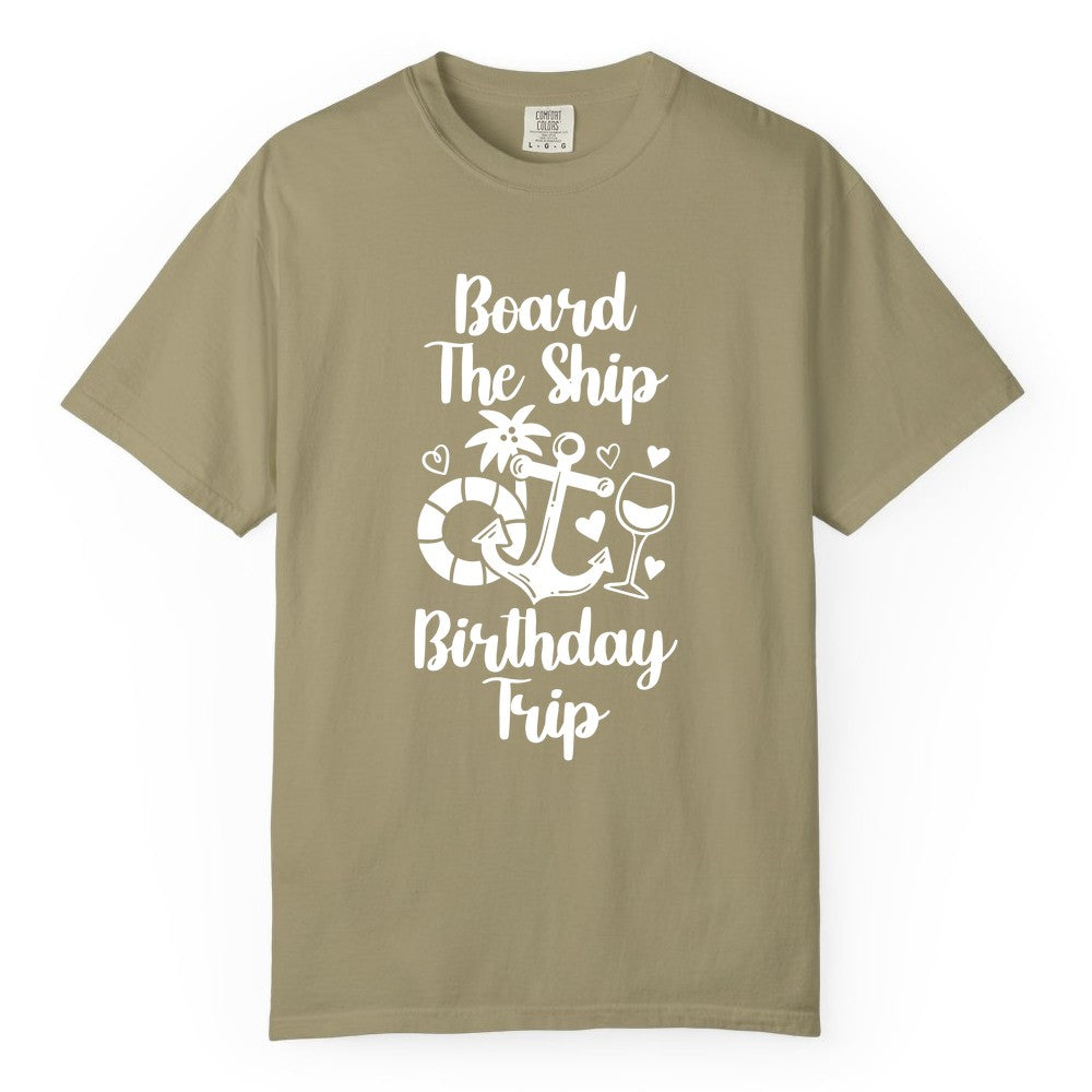 Cruise Birthday Shirt - Nautical Birthday Trip Tee for Adults (Comfort Color) in Khaki - Board the Ship Cruise Birthday Shirt With Nautical Party Icons
