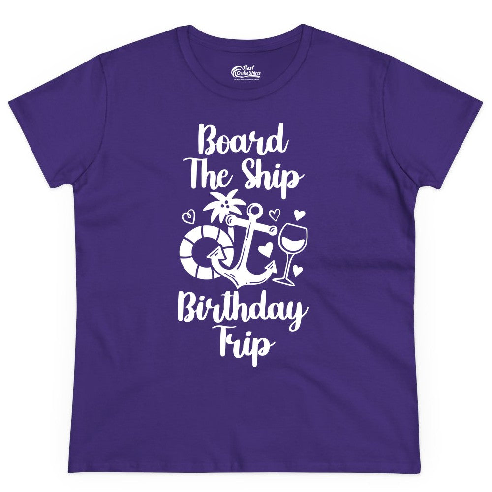Cruise Birthday Shirt - Nautical Birthday Trip Tee for Adults (Ladies Tee) in Purple - Board the Ship Cruise Birthday Shirt With Nautical Party Icons