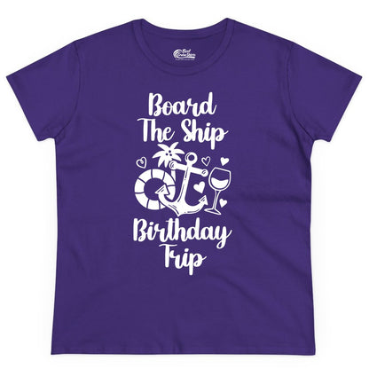 Cruise Birthday Shirt - Nautical Birthday Trip Tee for Adults (Ladies Tee) in Purple - Board the Ship Cruise Birthday Shirt With Nautical Party Icons