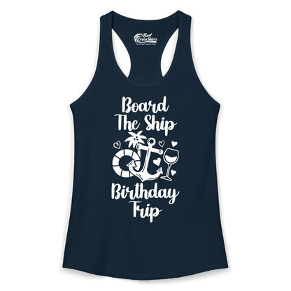 Cruise Birthday Shirt - Nautical Birthday Trip Tee for Adults (Ladies Tank) in Solid Midnight Navy - Board the Ship Cruise Birthday Shirt With Nautical Party Icons