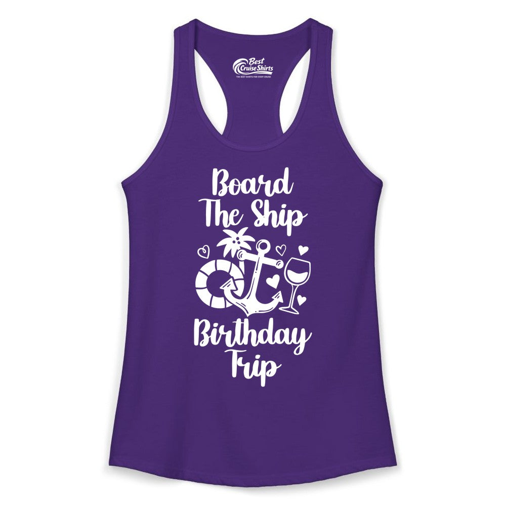 Cruise Birthday Shirt - Nautical Birthday Trip Tee for Adults (Ladies Tank) in Solid Purple Rush - Board the Ship Cruise Birthday Shirt With Nautical Party Icons