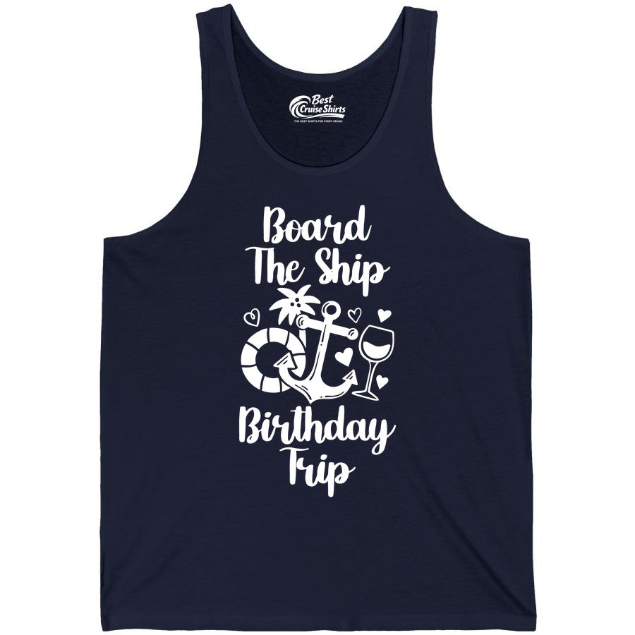 Cruise Birthday Shirt - Nautical Birthday Trip Tee for Adults (Tank Top) in Navy - Board the Ship Cruise Birthday Shirt With Nautical Party Icons