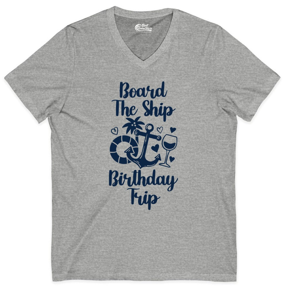 Cruise Birthday Shirt - Nautical Birthday Trip Tee for Adults (V-Neck) in Athletic Heather - Board the Ship Cruise Birthday Shirt With Nautical Party Icons