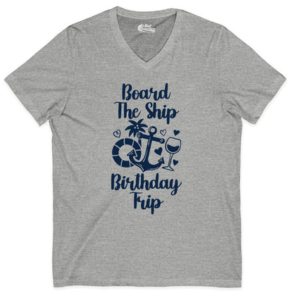 Cruise Birthday Shirt - Nautical Birthday Trip Tee for Adults (V-Neck) in Athletic Heather - Board the Ship Cruise Birthday Shirt With Nautical Party Icons