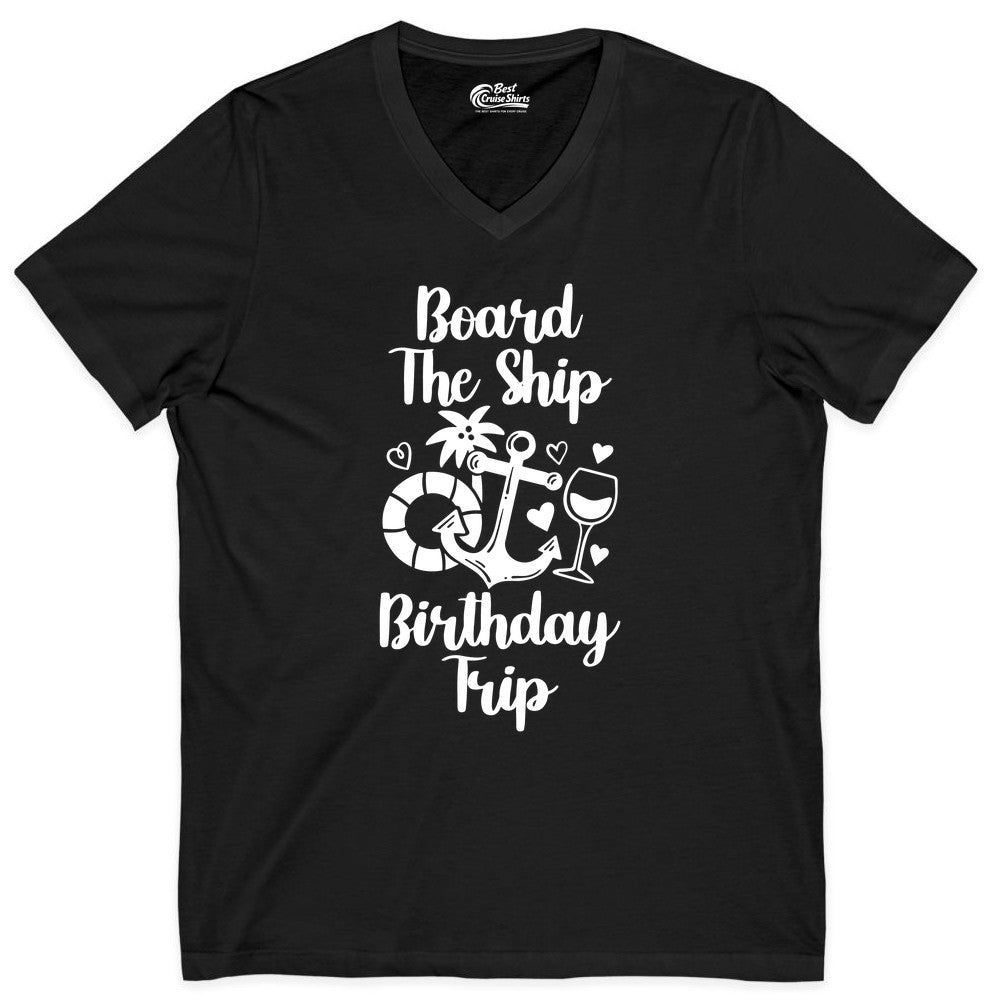 Cruise Birthday Shirt - Nautical Birthday Trip Tee for Adults (V-Neck) in Black - Board the Ship Cruise Birthday Shirt With Nautical Party Icons