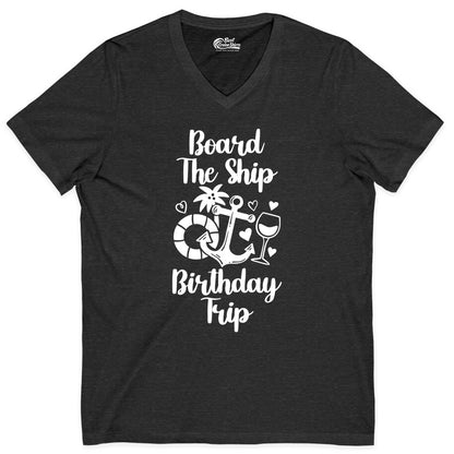 Cruise Birthday Shirt - Nautical Birthday Trip Tee for Adults (V-Neck) in Dark Grey Heather - Board the Ship Cruise Birthday Shirt With Nautical Party Icons