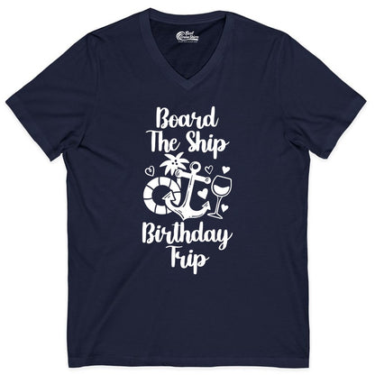 Cruise Birthday Shirt - Nautical Birthday Trip Tee for Adults (V-Neck) in Navy - Board the Ship Cruise Birthday Shirt With Nautical Party Icons