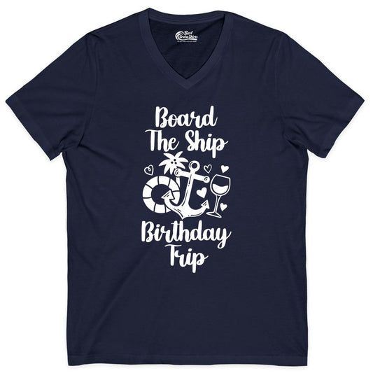 Cruise Birthday Shirt - Nautical Birthday Trip Tee for Adults (V-Neck) in Navy - Board the Ship Cruise Birthday Shirt With Nautical Party Icons