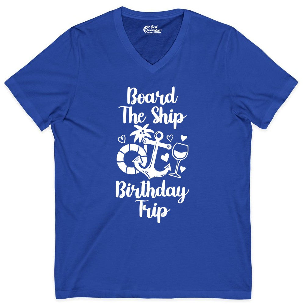 Cruise Birthday Shirt - Nautical Birthday Trip Tee for Adults (V-Neck) in True Royal - Board the Ship Cruise Birthday Shirt With Nautical Party Icons