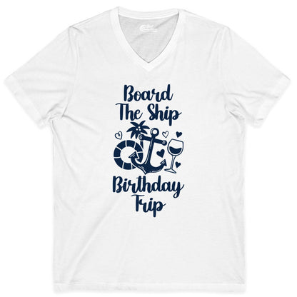 Cruise Birthday Shirt - Nautical Birthday Trip Tee for Adults (V-Neck) in White - Board the Ship Cruise Birthday Shirt With Nautical Party Icons