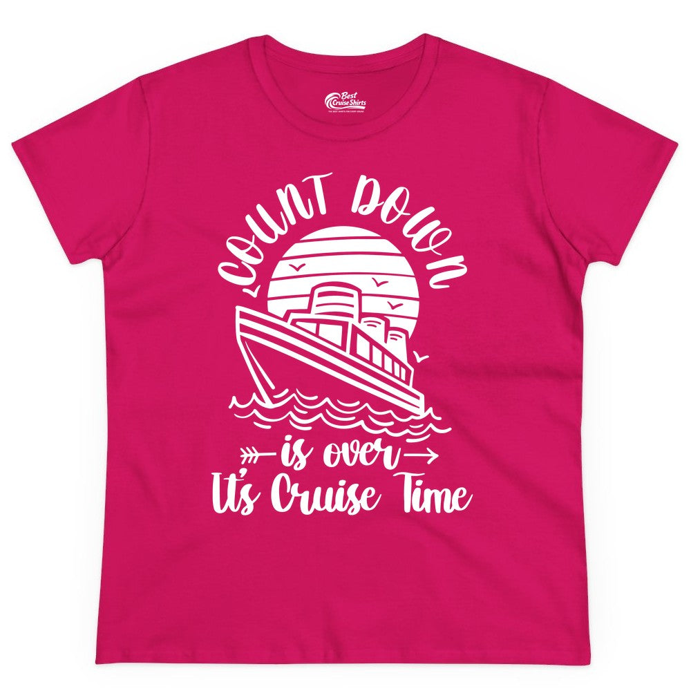 Cruise Countdown Shirt - Nautical Vacation Tee for Cruise Travelers (Ladies Tee) in Heliconia - Countdown Is Over Cruise Time Nautical Monochrome Shirt