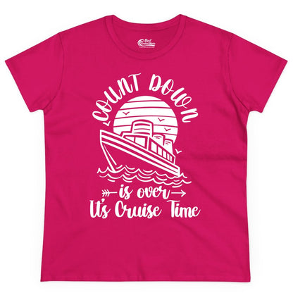 Cruise Countdown Shirt - Nautical Vacation Tee for Cruise Travelers (Ladies Tee) in Heliconia - Countdown Is Over Cruise Time Nautical Monochrome Shirt