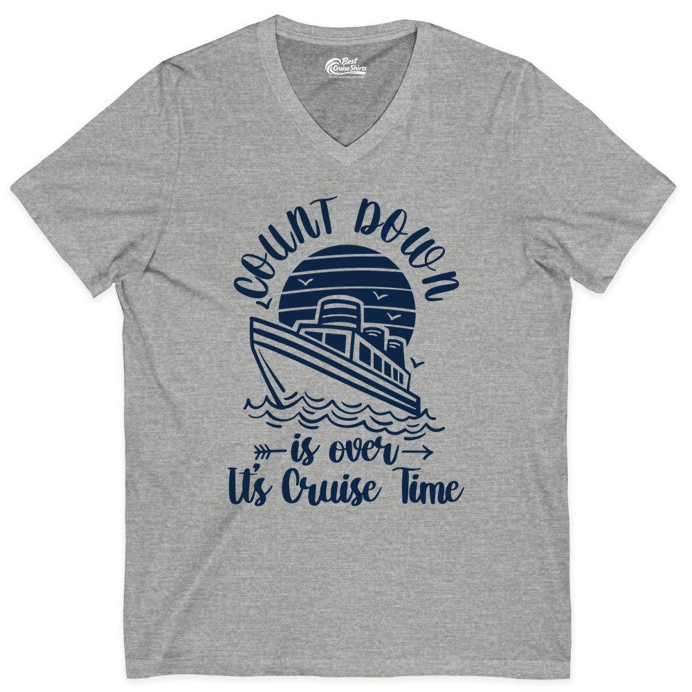 Cruise Countdown Shirt - Nautical Vacation Tee for Cruise Travelers (V-Neck) in Athletic Heather - Countdown Is Over Cruise Time Nautical Monochrome Shirt