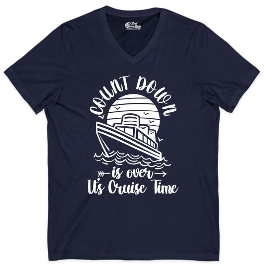 Cruise Countdown Shirt - Nautical Vacation Tee for Cruise Travelers (V-Neck) in Navy - Countdown Is Over Cruise Time Nautical Monochrome Shirt