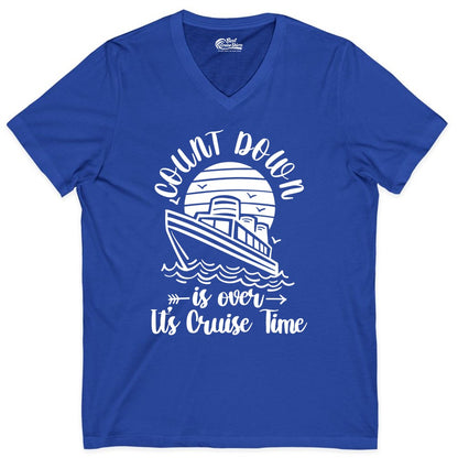 Cruise Countdown Shirt - Nautical Vacation Tee for Cruise Travelers (V-Neck) in True Royal - Countdown Is Over Cruise Time Nautical Monochrome Shirt