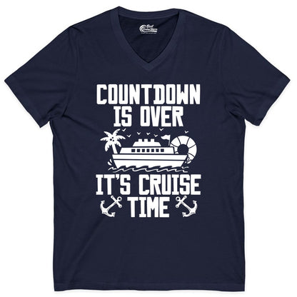 Cruise Time Shirt - Funny Cruise Countdown Over Family Apparel (V-Neck) in Navy - Countdown Is Over It’s Cruise Time Shirt - Nautical Family Vacation Apparel