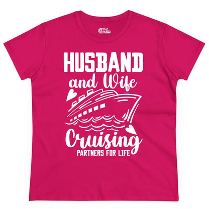 Husband and Wife Cruising Shirt - Romantic Cruise Partners Tee (Ladies Tee) in Heliconia - Husband and Wife Cruising Partners for Life Romantic Cruise Shirt