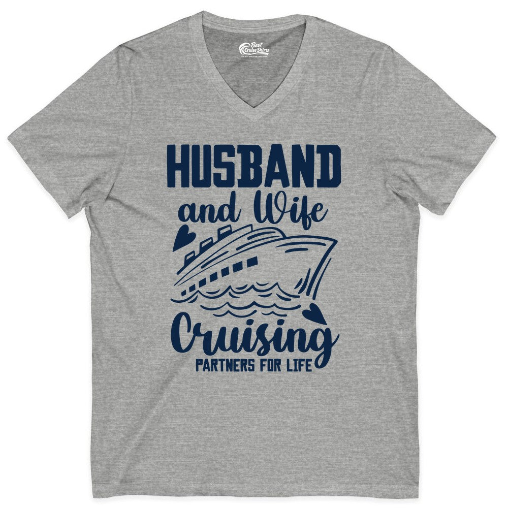 Husband and Wife Cruising Shirt - Romantic Cruise Partners Tee (V-Neck) in Athletic Heather - Husband and Wife Cruising Partners for Life Romantic Cruise Shirt