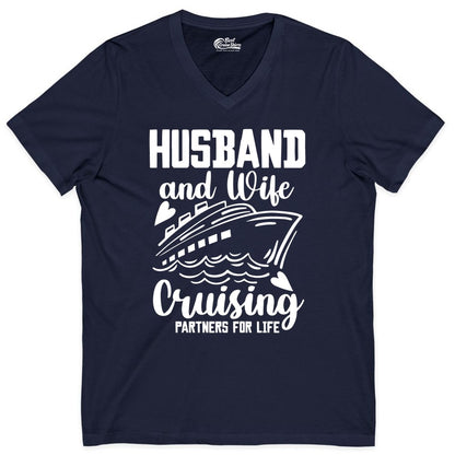 Husband and Wife Cruising Shirt - Romantic Cruise Partners Tee (V-Neck) in Navy - Husband and Wife Cruising Partners for Life Romantic Cruise Shirt